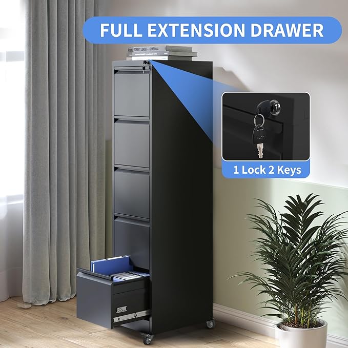 5 Drawer File Cabinet with Wheels, Metal Mobile File Cabinet with Lock, Rolling Filing Cabinet Home Office for Hanging File Folders, Letter Size, Legal Size, A4 Size, Require-Assembled, Black