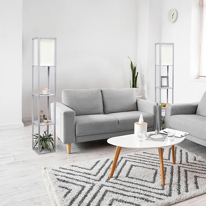 Simple Designs LF1014-GRY Etagere Organizer Storage Shelf Linen Shade Floor Lamp, Gray