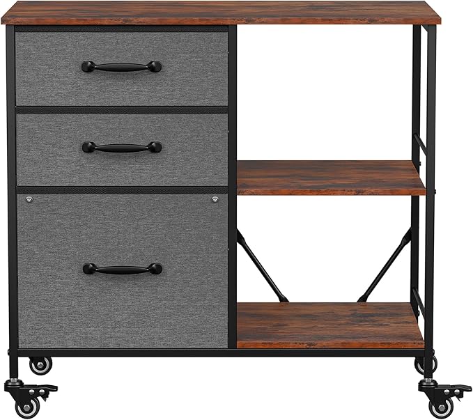 JungleA 3 Drawer Mobile File Cabinet, with 3 Fabric Drawers and 2 Shelves, Mobile Storage Organizer Cart for Office, Study Room, Library, Dark Gray