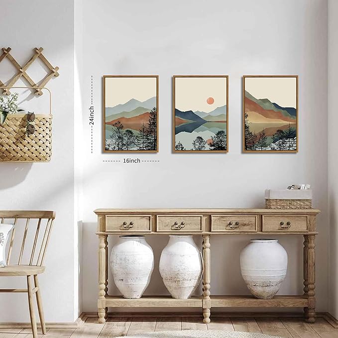 AKWISH Mountain Canvas Wall Art Set of 3, Boho Watercolor Poster Prints Paintings, Sun Forest Abstract Nature Landscape Artwork Wall Decor for Living Room, Bedroom, Office 16x24 In Brown Framed