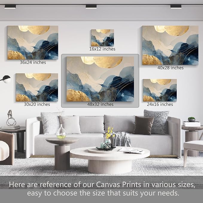 gaosoul Modern Blue Abstract Canvas Wall Art Oil Painting Gicless Prints with Gold Circles Flowing Watercolor Effects Dynamic Brushstrokes Artwork for Living Room Home Office Decor Framed 48x32in