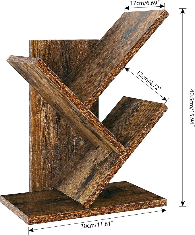 YMYNY 2 Tier Tree Bookshelf, Small Bookcase, Modern Wood Book Storage Rack Organizer, Freestanding Book Shelf for Books/Movies/CDs, Display Rack for Bedroom, Home Office, Rustic Brown UHBC012H