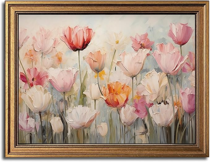 Gold Framed Wall Art Vintage Flower Canvas Wall Art Floral Nature Spring Colorful Flower Artwork Prints Picture for Living Room Bedroom Farmhouse Bathroom Office Decor, 12x16