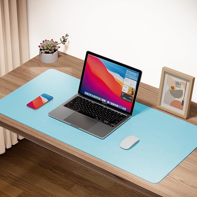Boutilon Leather Desk Pad Protector,Non-Slip Mouse Pad,Laptop Desk Pad,Office Mouse Mat,Waterproof Leather Desk Blotter,Desk Writing Pad for Office and Home (XXL-Light Blue,47.2"x 17")