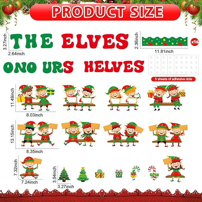 Christmas Elf Bookshelf Bulletin Board Set Elves On Our Shelves Classroom Decorations Xmas Elf Paper Cutouts Red Green Bulletin Board Border for School Wall Xmas Holiday Party Decor Teacher Supplies