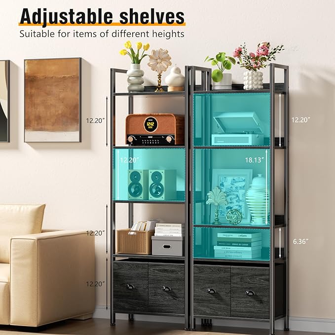 Furologee 5-Tier Bookshelf Set of 2, Tall Bookcase with 2 Drawers and Shelves, Industrial Display Free Standing Shelf Units, Storage Rack Organizer for Bedroom, Living Room, Home Office, Black Oak