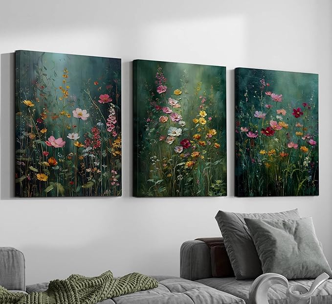 3Pcs Dark Green Floral Canvas Wall Art Moody Wildflowers Poster Prints Vintage Nature Rustic Botanical Flowers Pictures for Bedroom Living Room Office Bathroom Wall Decor 16x24in Framed