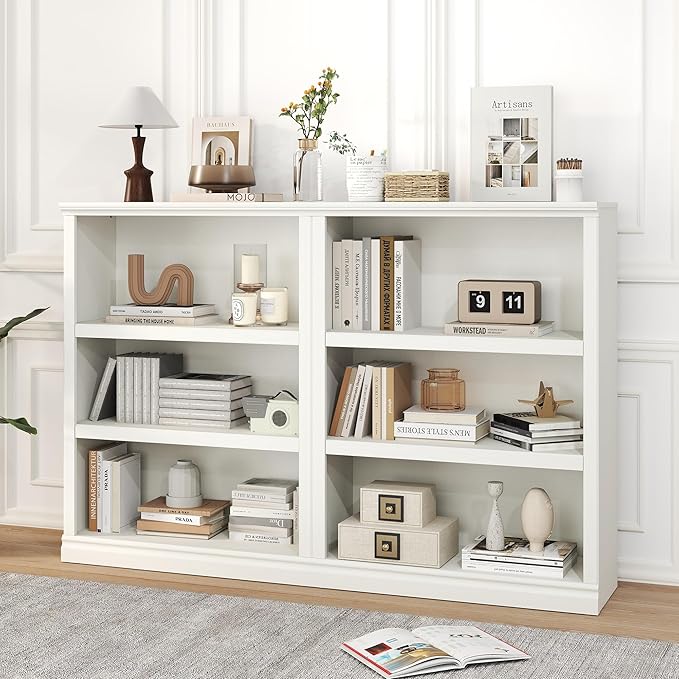 blini White Bookshelf and Bookcase Set of 2, Double Wide Large Bookshelves Wooden 3 Tier Tall Bookshelf with Storage Cabinets for Living Room, Home Office, Library (White, 3-Shelf)