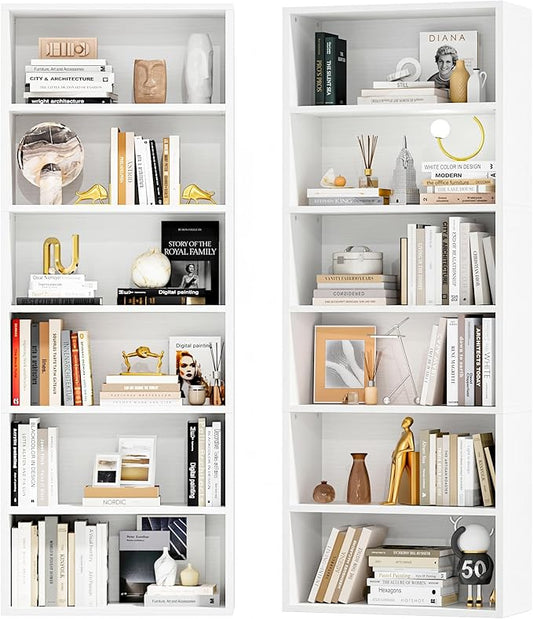 Furniwell 71" Tall Bookcase Bookshelves, 6 Tier Floor Standing Bookcases Open Frame, Modern Display Storage Organizer for Home Office, Living Room, Bedroom, Study Room (White, 2 Pcs)