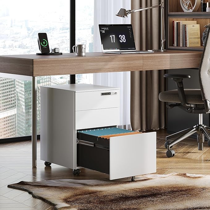 DEVAISE 3 Drawer File Cabinet with Combination Lock，Fully Assembled Metal Filling Cabinet Except Wheels, Mobile Under Desk File Cabinets for Home Office, White