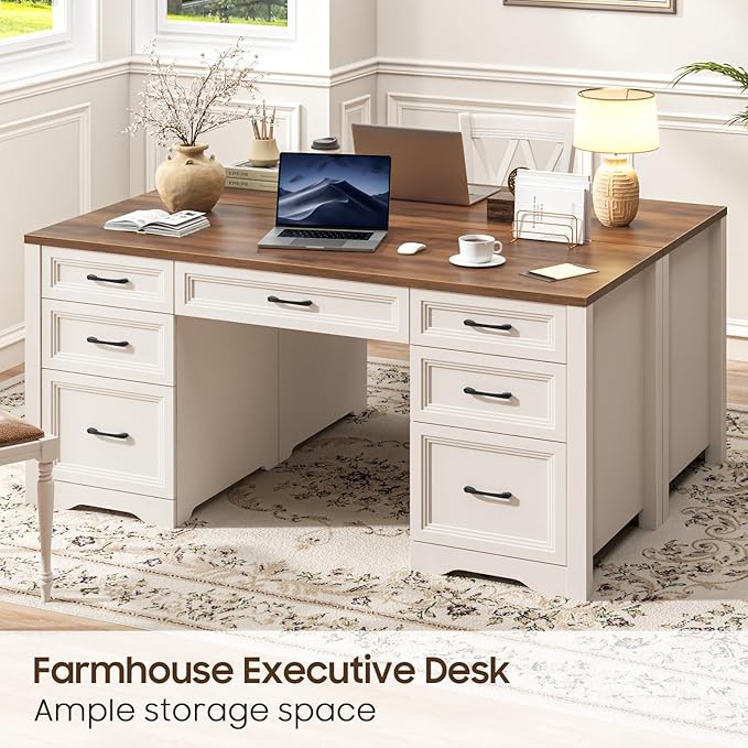 Farmhouse Executive Desk, Wood Home Office Desk with 2 Large File Drawers and 5 Storage Cabinets, Rustic Writing Desk for Work and Study, Brown