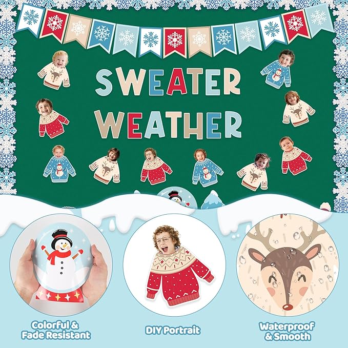 95Pcs Winter Bulletin Board Decoration Set Christmas Sweater Weather Classroom Decoration Kit Snowmen Snowflake Border DIY Photo for Home School Office Wall Door (Sweater)