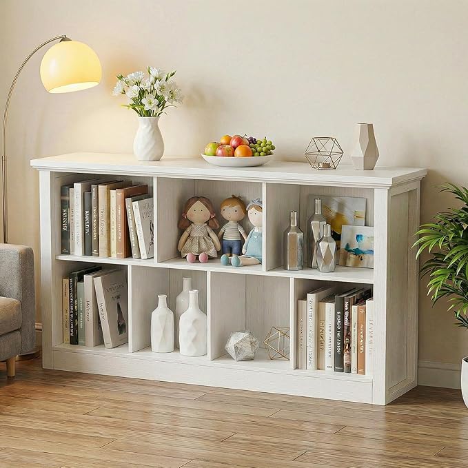 Unikito 7 Cube Storage Book Shelf - 50" Wide Wood Cube Storage Organizer, Wooden 2 Tiers Floor Standing Low Bookcase for Living Room, Bedroom, Home Office, Kids Room