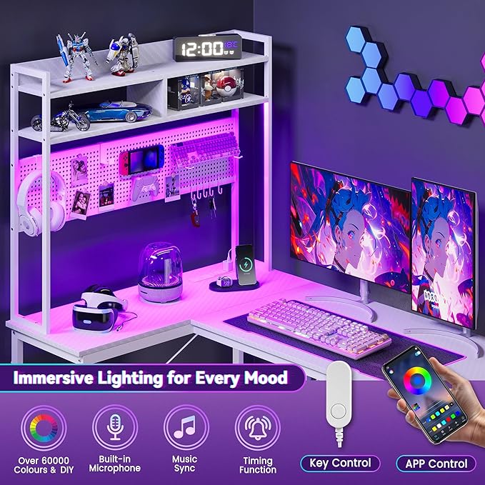 Apicizon L Shaped Gaming Desk 53", Reversible Corner Computer Desk with LED Lights, Carbon Fiber Surface, Pegboard with Hooks, Drawer & PC Tower Stand, USB Charging Port