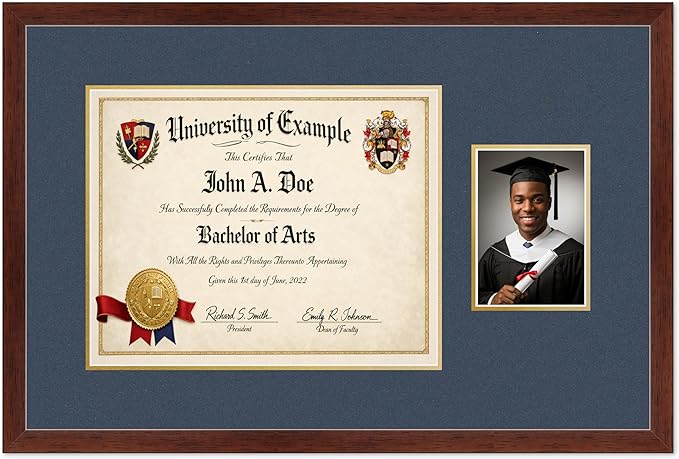 CountryArtHouse Fits 15 x 12 Military/Government and 5 x 7 Photo Diploma and Photo Frame Rustic Walnut Genuine Hardwood with Navy Blue Over Metallic Gold Double mat
