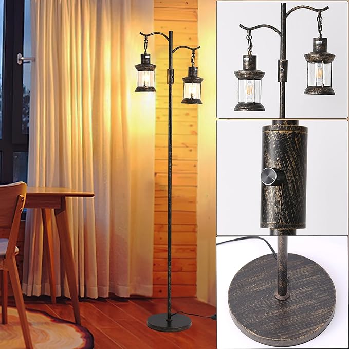 Vintage Dimmable Floor Lamp,2 Classical Lanterns Standing Lamp, Rustic Farmhouse Floor Lamp with Bronze Gold Finish, for Living Room Bedroom (Bronze)