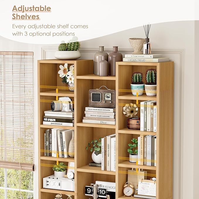 FOTOSOK 71'' Tall Bookshelf with 21 Cubes, 8 Tier Triple Wide Bookshelf with 8 Adjustable Shelves, 35" Wood Bookcase DVD/CD Media Tower Storage, Freestanding Display Shelf Cabinet, Natural