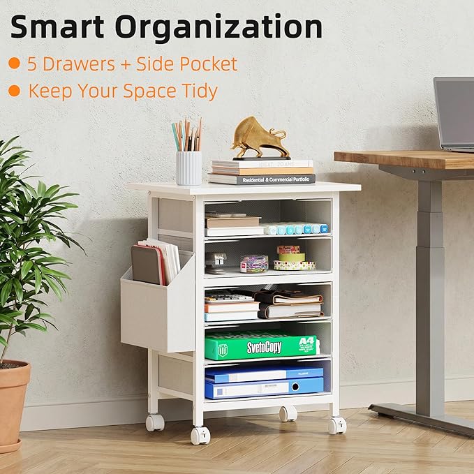 5 Fabric Drawers File Cabinet with Side Pocket, Rolling Printer Stand with Storage for Home Office, Wood Top Storage Cabinet for Documents and Crafts, White, 15" D