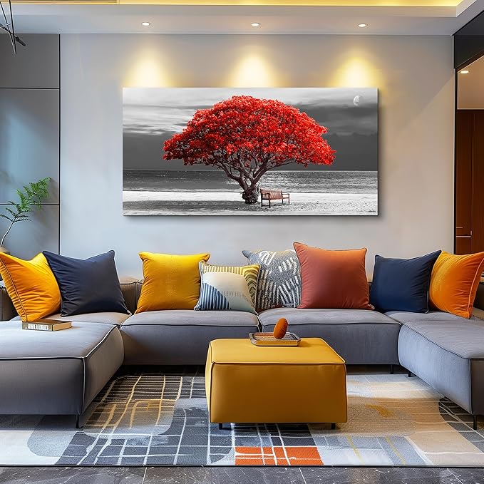 wall art for living room Decorations Photo Prints - panoramic black and white with red trees The moon Landscape - Modern Home Decor The room Stretched and Framed Ready to Hang artwork 20x40inches