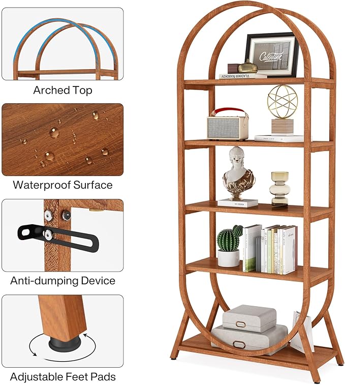 Tribesigns 5-Tier Open Bookshelf, 70.8" Tall Arched Bookcase, Modern Brown Storage Bookshelves, Freestanding Display Rack Shelving Unit for Office, Bedroom, Living Room, Easy Assembly