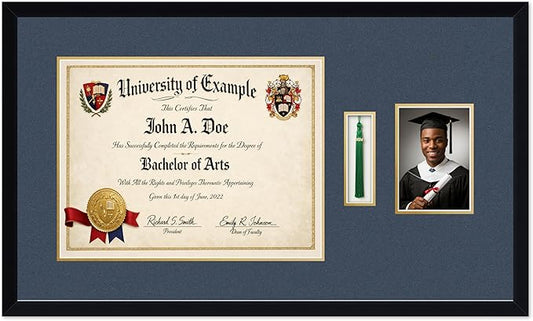 CountryArtHouse Diploma Tassel and Photo Shadowbox Fits 17 x 13 International Diploma with Tassel Hook Matte Black Genuine Hardwood with Navy Blue Over Metallic Gold Double mat