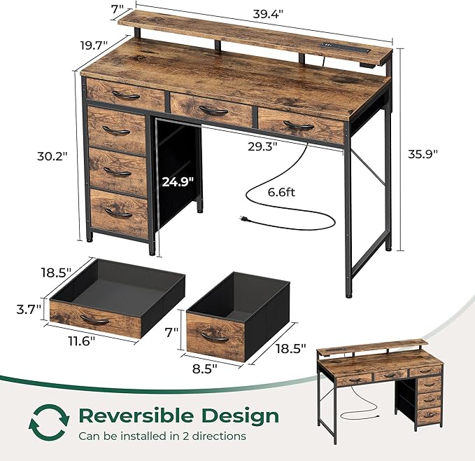 Huuger Gaming Desk with 6 Drawers, Computer Desk with LED Lights Power Outlets and Type-C, 39 Inch Office Desk with Storage, Monitor Stand, Writing Desk Work Desk Home Office, Study, Rustic Brown