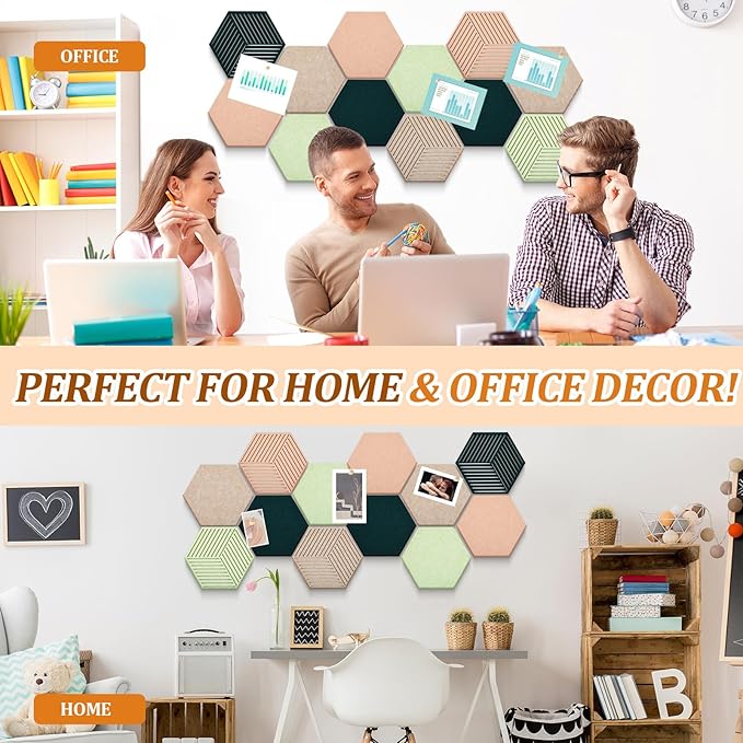 12 Pcs Hexagon Cork Boards Tiles for Walls Decor 12 x 10 Inch Cork Bulletin Board Tiles with 50 Pins, Pin Board for Office Home for Office & Home for Notes Photos and DIY Classroom Decor