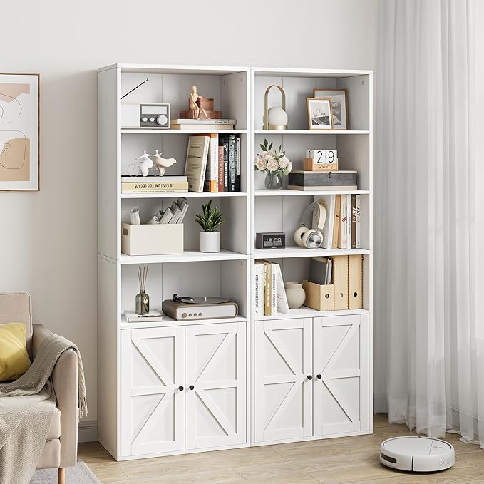 IDEALHOUSE Bookcase with Doors Industrial Bookshelf 11.8in Depth Display Storage Shelves 71.4in Tall Farmhouse Bookcases Wooden 6 Shelf Bookshelvels for Bedroom, Living Room, Home Office (White)