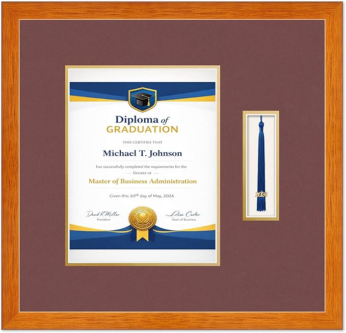 Diploma Frame with Tassel Holder Honey Oak Shadowbox Dark Red Over Gold Mat - Fits 8.5 x 11 Degree Made in the USA