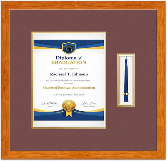 Diploma Frame with Tassel Holder Honey Oak Shadowbox Dark Red Over Gold Mat - Fits 8.5 x 11 Degree Made in the USA
