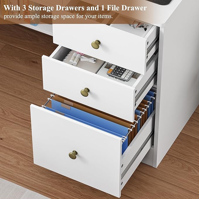 TTVIEW Computer Desk with Drawers and Hutch Shelf, Wood Executive Desk Writing Study Table with 43” Wide Tabletop, Small Desk with File Drawer for Home Office Bedroom, White