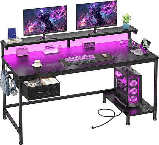 47.2" Gaming Desk with Power Outlet and LED Lights,Computer Desk with Adjustable Monitor Stand and Drawer,Office Desk with CPU Stand for Home Work,Study and Gaming, Small Spaces,Black