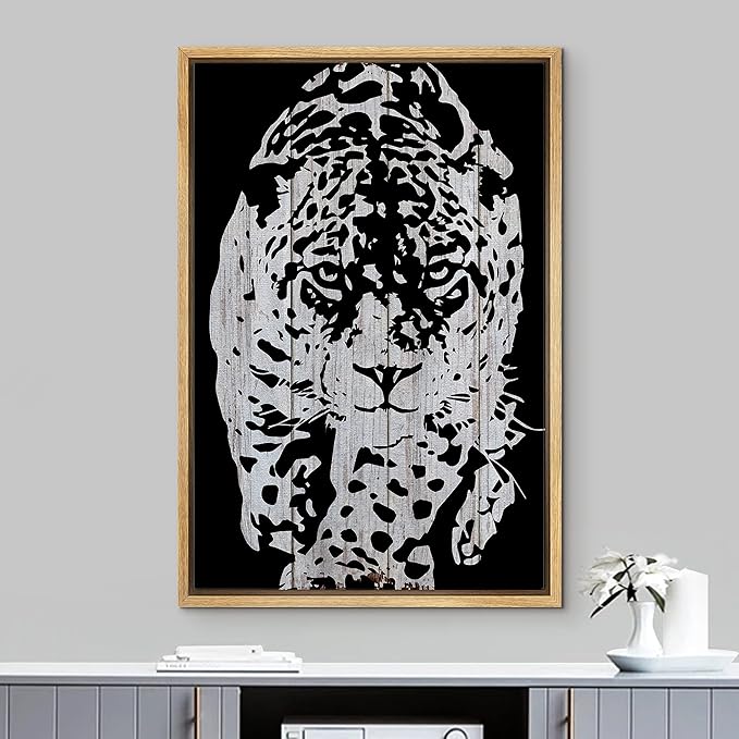 IDEA4WALL Framed Canvas Print Wall Art Grayscale Spotted Leopard Stalking on Wood Panels Animals WildLife Illustrations Modern Art Tropical Portrait for Living Room, Bedroom, Office - 16"x24" NATURAL