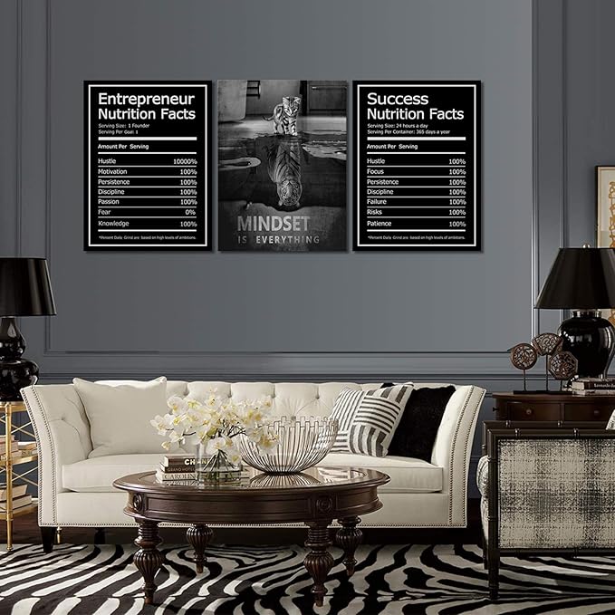Mindset is Everything Wall Art Motivational Canvas Painting Wall Art Poster Prints Entrepreneur Bundle Set 3 Pieces Success Nutrition Facts (72" W x 36" H, Mindset)