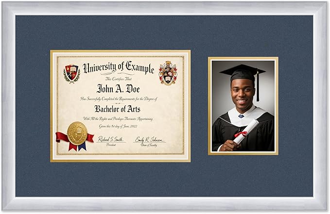 CountryArtHouse Fits 10 x 8 Professional License and 5 x 7 Photo Diploma and Photo Frame Stainless Silver Genuine Hardwood with Navy Blue Over Metallic Gold Double mat