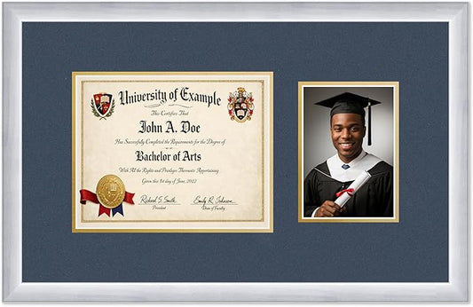 CountryArtHouse Fits 10 x 8 Professional License and 5 x 7 Photo Diploma and Photo Frame Stainless Silver Genuine Hardwood with Navy Blue Over Metallic Gold Double mat