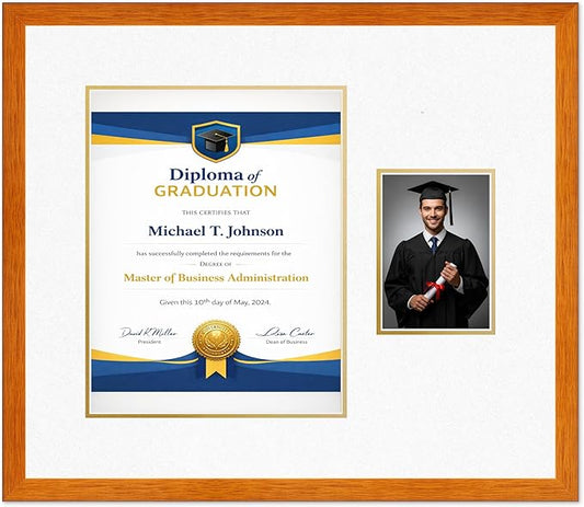 Diploma Frame With Photo Opening Honey Oak Oyster Shell Over Gold Mat - Fits 11 x 14 Degree and Picture Made in the USA
