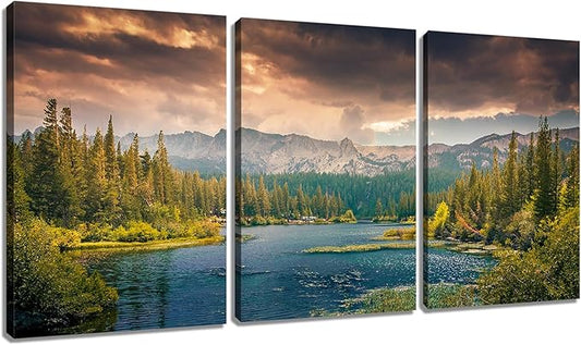 Landscape Canvas Poster Wall Art Home Decor Lake Mountain Forest Nature Park Theme Picture Print Modern Wall Painting Artwork for Living Room Hotel Gym Office Stretched and Framed [48''Hx24''W]