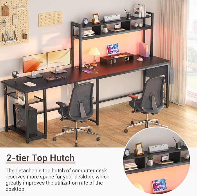 Aheaplus L Shaped Desk with Power Outlet & LED Strip, Reversible L-Shaped Corner Computer Desks Gaming Desk with Storage Shelf & Monitor Stand, Modern 2 Person Home Office Desk, Writing Desk, Black