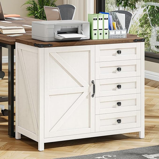 Lateral File Cabinet with 5 Drawers, Farmhouse File Cabinet with Adjustable Shelf, Large Wood File Storage Cabinets Printer Stand for Home Office Cabinets, Rustic White and Brown
