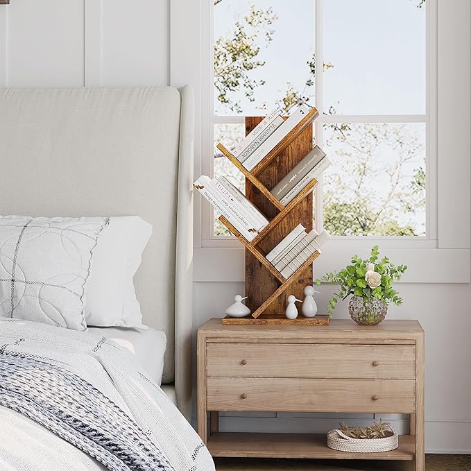 YMYNY Tree Bookshelf, 4-Tier Book Storage Organizer Shelves,Rustic Brown, HBC014H