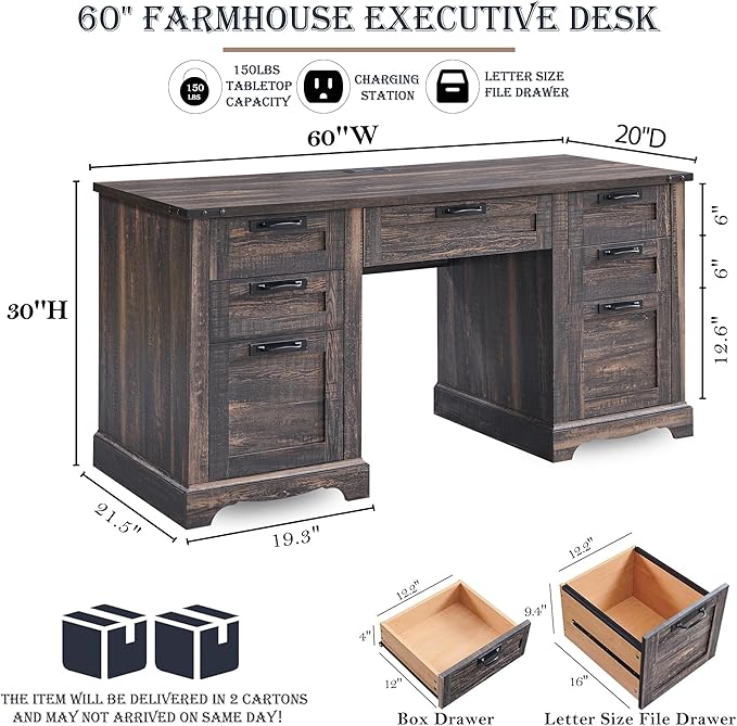 RedLemon 60" Executive Desk, Farmhouse Home Office Desk with Drawers, Charging Station, Keyboard Tray, File Drawer, Storage Cabinet, Wood Rustic Computer Writing Desk (Dark Rustic Oak)