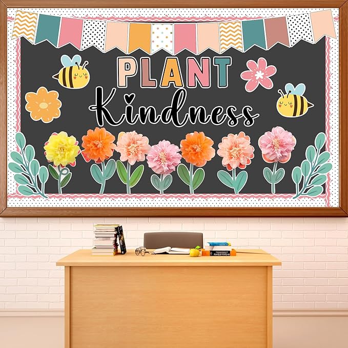 Justforjoyful Spring Bulletin Board Decorations Flower Bulletin Board Set with 3D Tissue Paper Pompoms Bees Cutouts Plant Kindness Floral Decor for School Classroom Home Nursery Chalkboard Wall