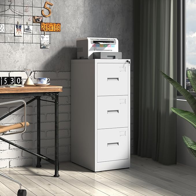 3 Drawer File Cabinet with Lock,White Metal Filing Cabinets for Home Office,Steel Vertical File Cabinet,Heavy Duty Metal Storage Cabinet for A4/Letter/Legal Size Files,Assembly Required