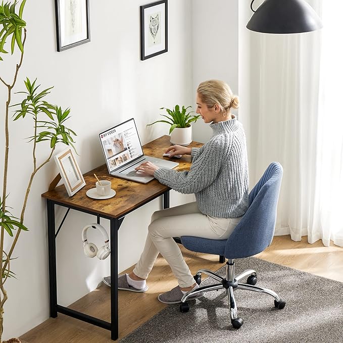 Sweetcrispy Computer Office Desk 63 Inch Student Study Writing Work with Headphone Hooks & Storage Bag Modern Simple PC Home Bedroom Table, Rustic Brown