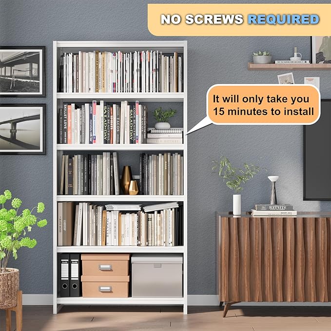 Bookshelf, White Bookshelf with 5 Storage Shelves, Large Metal Bookshelves, 69" Tall Bookcase for Living Room, Library, Office, Bedroom, Including Book Stopper,Simple Assembly