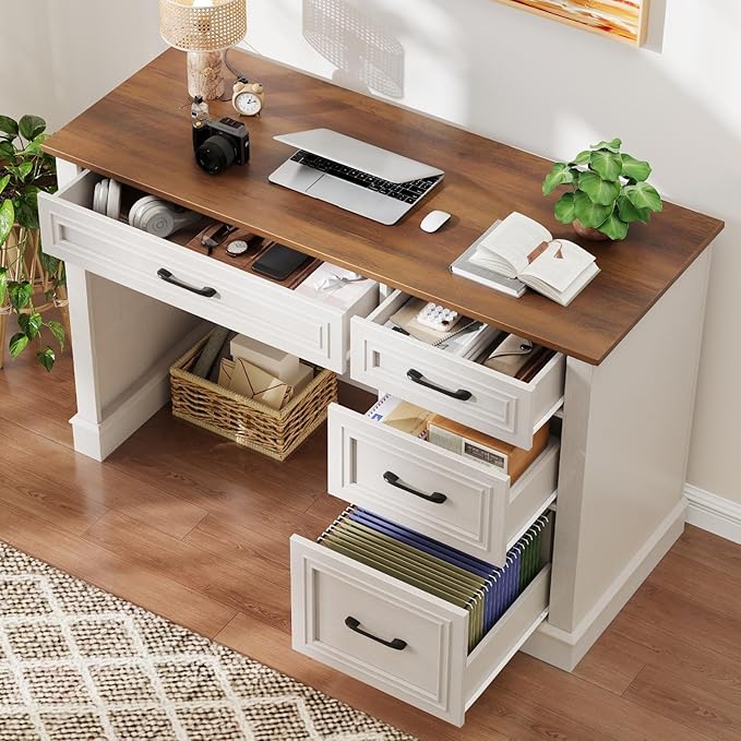 Farmhouse 47" Executive Desk with 4 Drawers, Computer Desk with File Drawer, Workstation for Study, Home Office, Writing, Unique White.