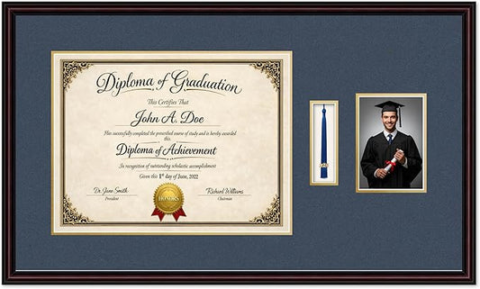 Diploma Tassel and Photo Frame Executive Brown Shadowbox Navy Blue Over Gold Mat - Fits 17 x 13 Degree Picture Made in the USA