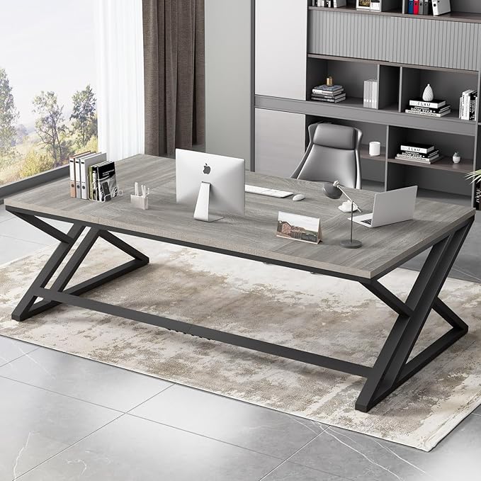 HSH 70.8 Modern Office Desk, Large Long Wood Metal Computer Desk, Industrial Double Executive Desks for Two People, Rustic PC Workstation Work Study Writing Computer Table for Home, Light Grey Oak