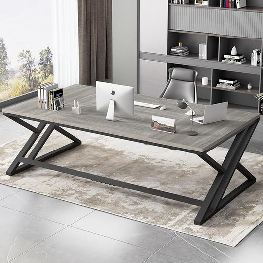 HSH 70.8 Modern Office Desk, Large Long Wood Metal Computer Desk, Industrial Double Executive Desks for Two People, Rustic PC Workstation Work Study Writing Computer Table for Home, Light Grey Oak